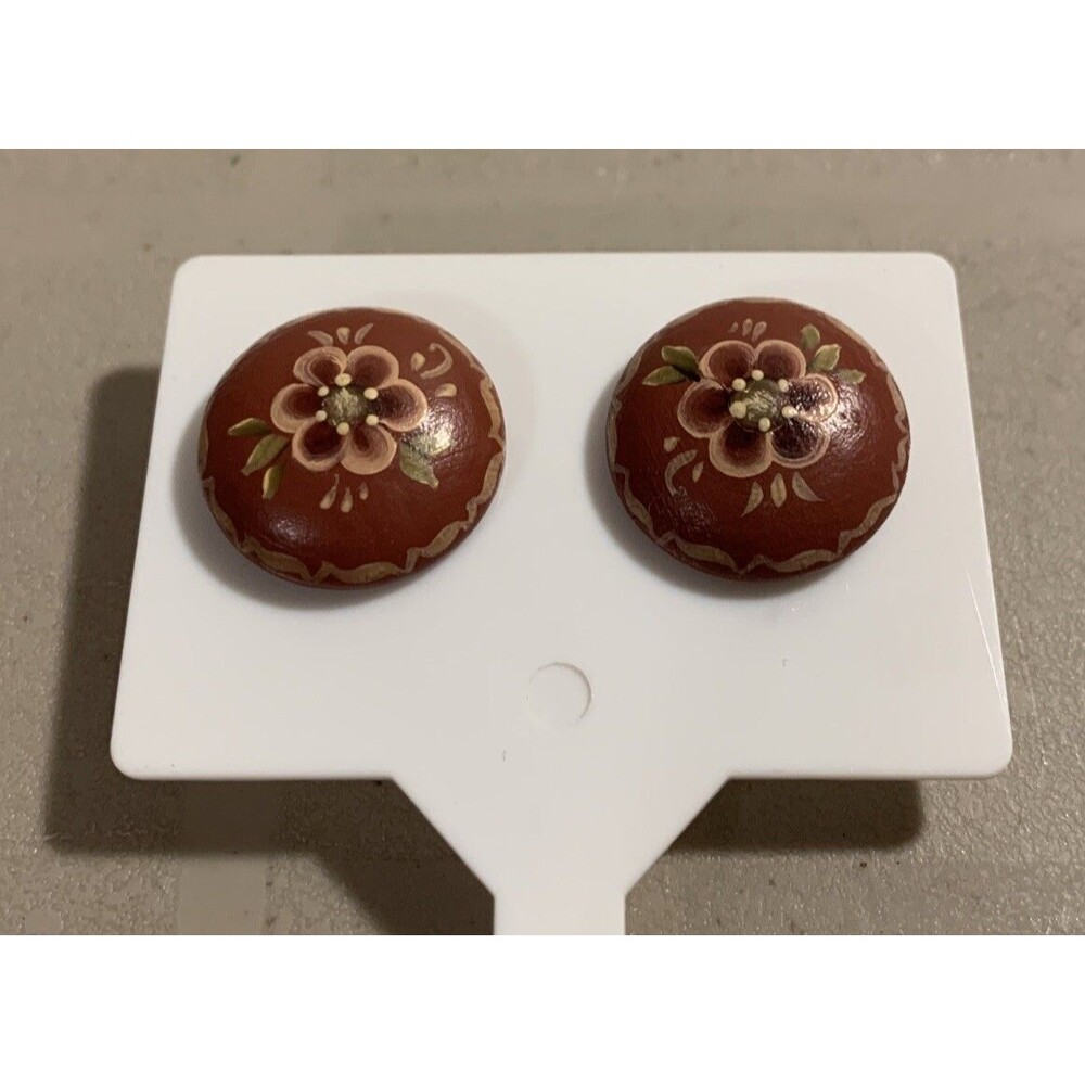 Floral Rosemaling Wood Button Earrings Scandinavian Viking